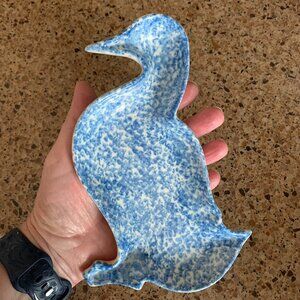 Vintage Country Farmhous Blue Sponge Ware Ceramic Duck Spoon Rest/Small Dish